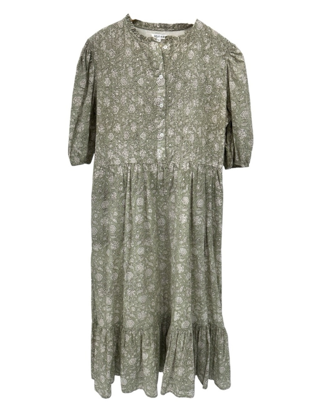 Beau & Ro Charleston Sage Green Floral Block Print Cotton Midi Dress - XL